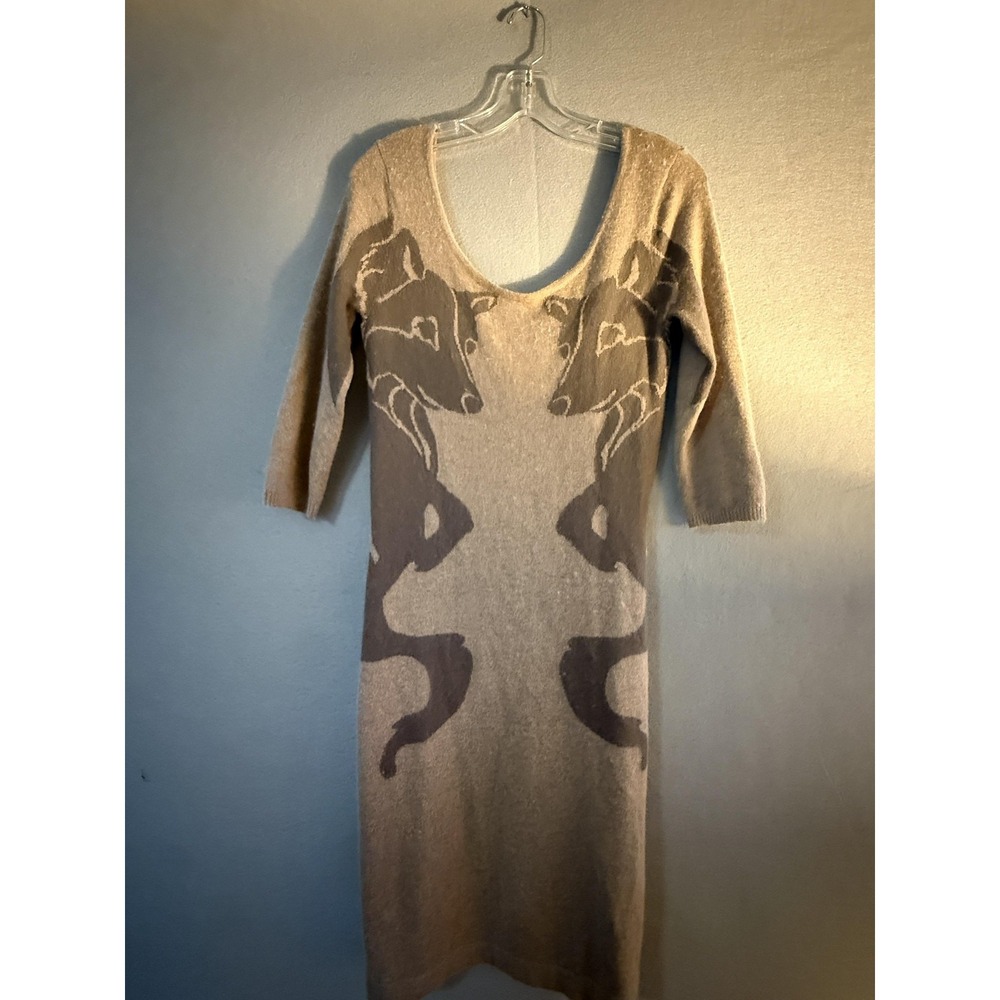 Bar III Sweater Dress Womens Medium Beige‎ Fox Graphic Angora Knit Knee Length